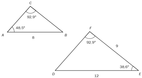 To trekanter, ABC og DEF. AB er 8, vinkel A er 48,5 grader og vinkel C er 92,9 grader. DE er 12, vinkel E er 38,6 grader og vinkel F er 92,9 grader.